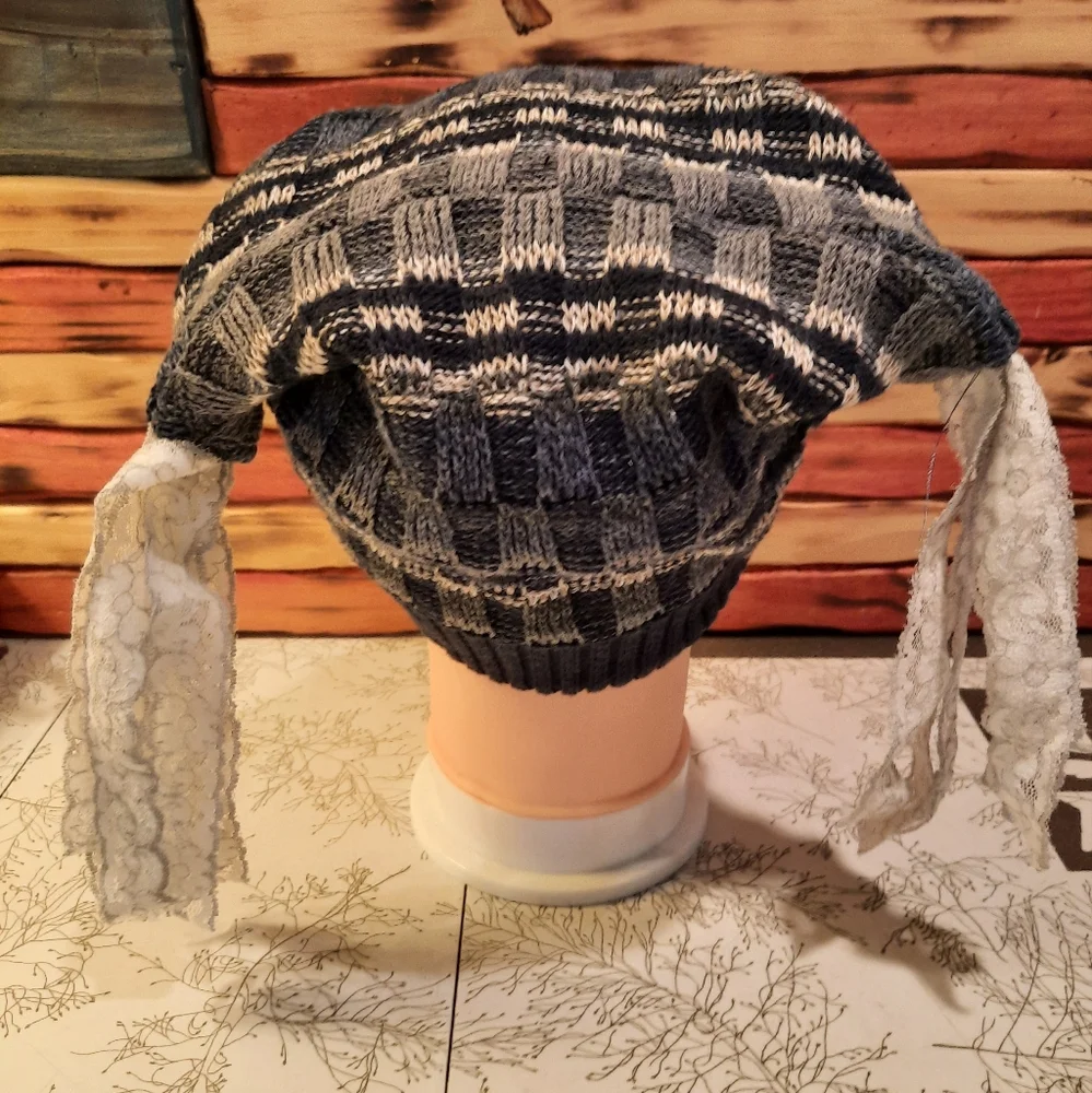 Fun funky knit hat M vtg lace tassels upcycled sweater handmade